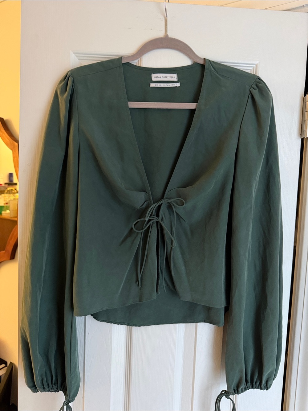 Urban Outfitters Forest Green Tie-Front Long Sleeve Blouse